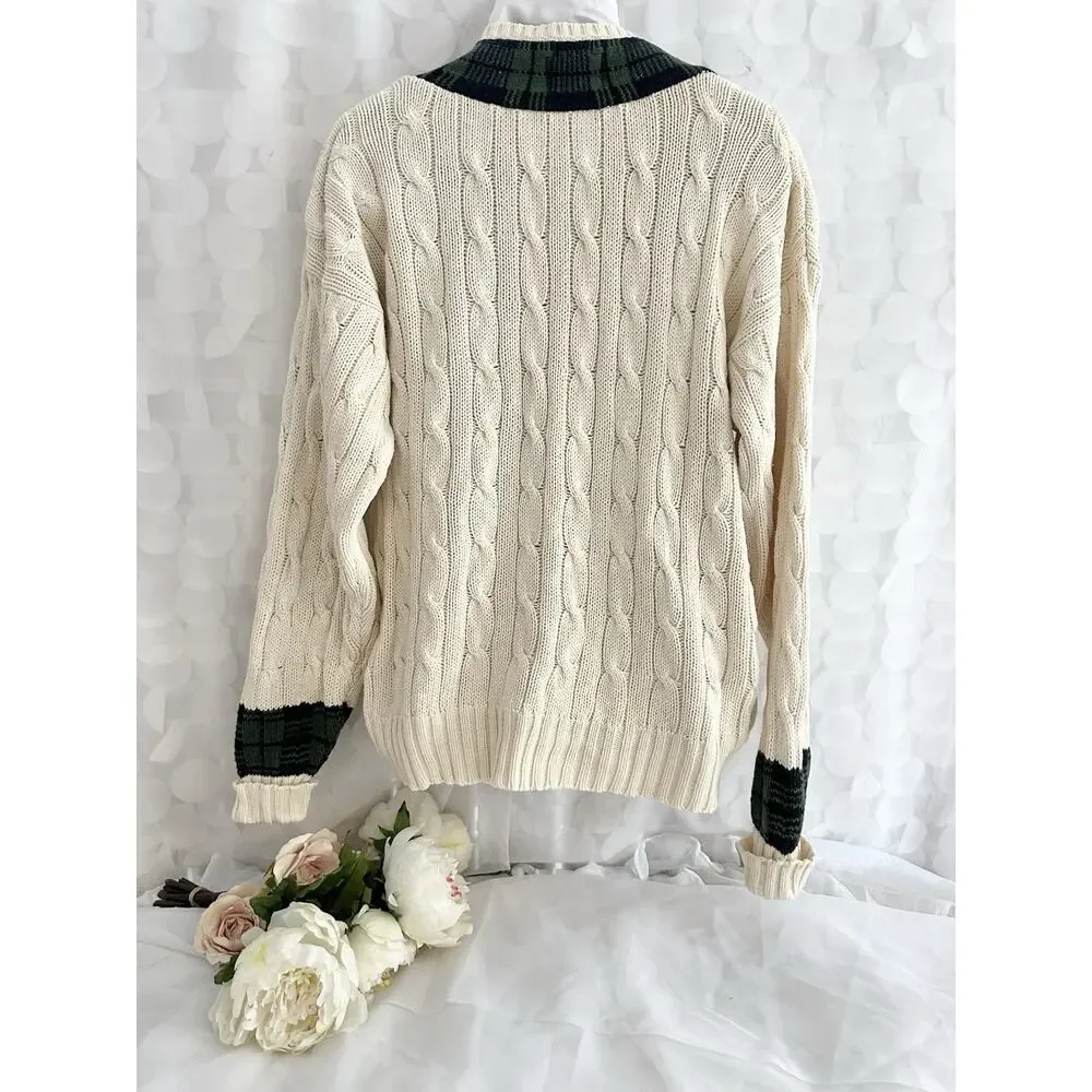 VTG Ralph Lauren CHAPS Large HANDFRAME Cream V Neck Cable Knit Sweater Preppy